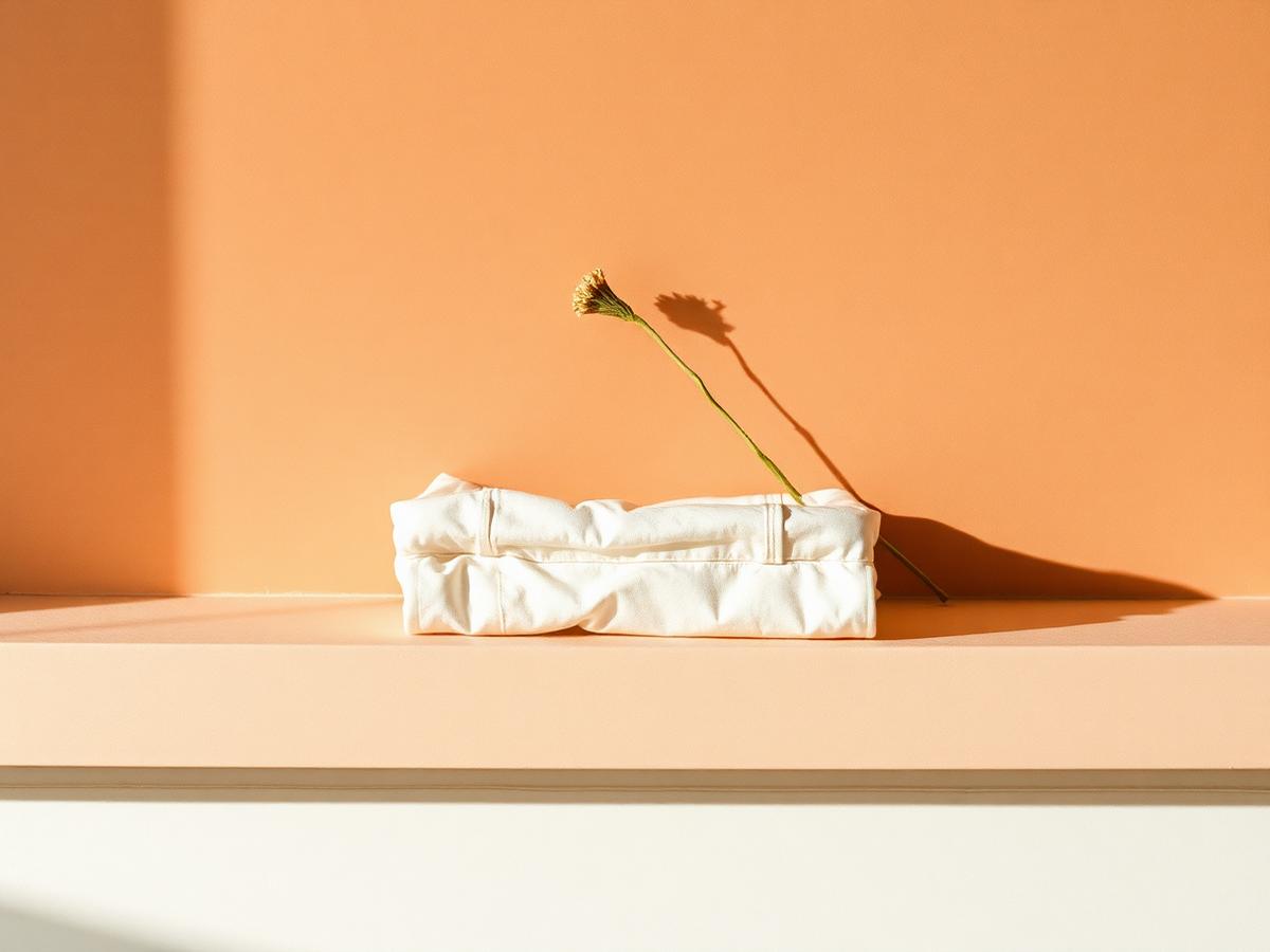Folded cream linen towel and terracotta washcloth on a warm plaster ledge