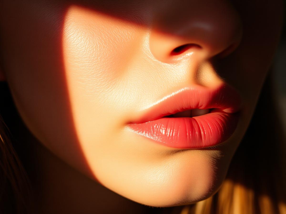 Close crop of bare skin along the cheek and jawline in soft side light