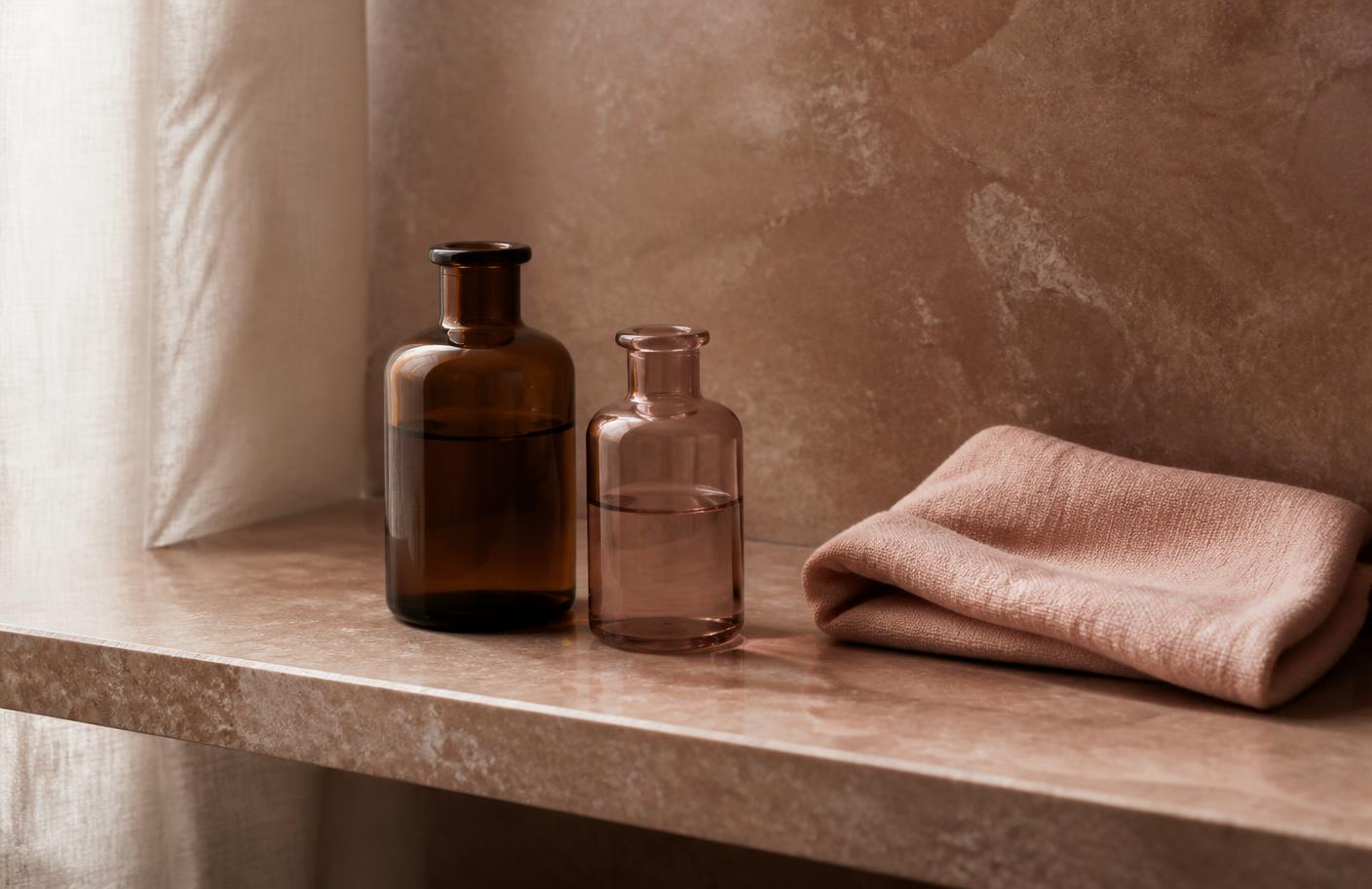 A fresh razor, gentle cleanser and a dish of soothing gel on a warm cream bathroom shelf
