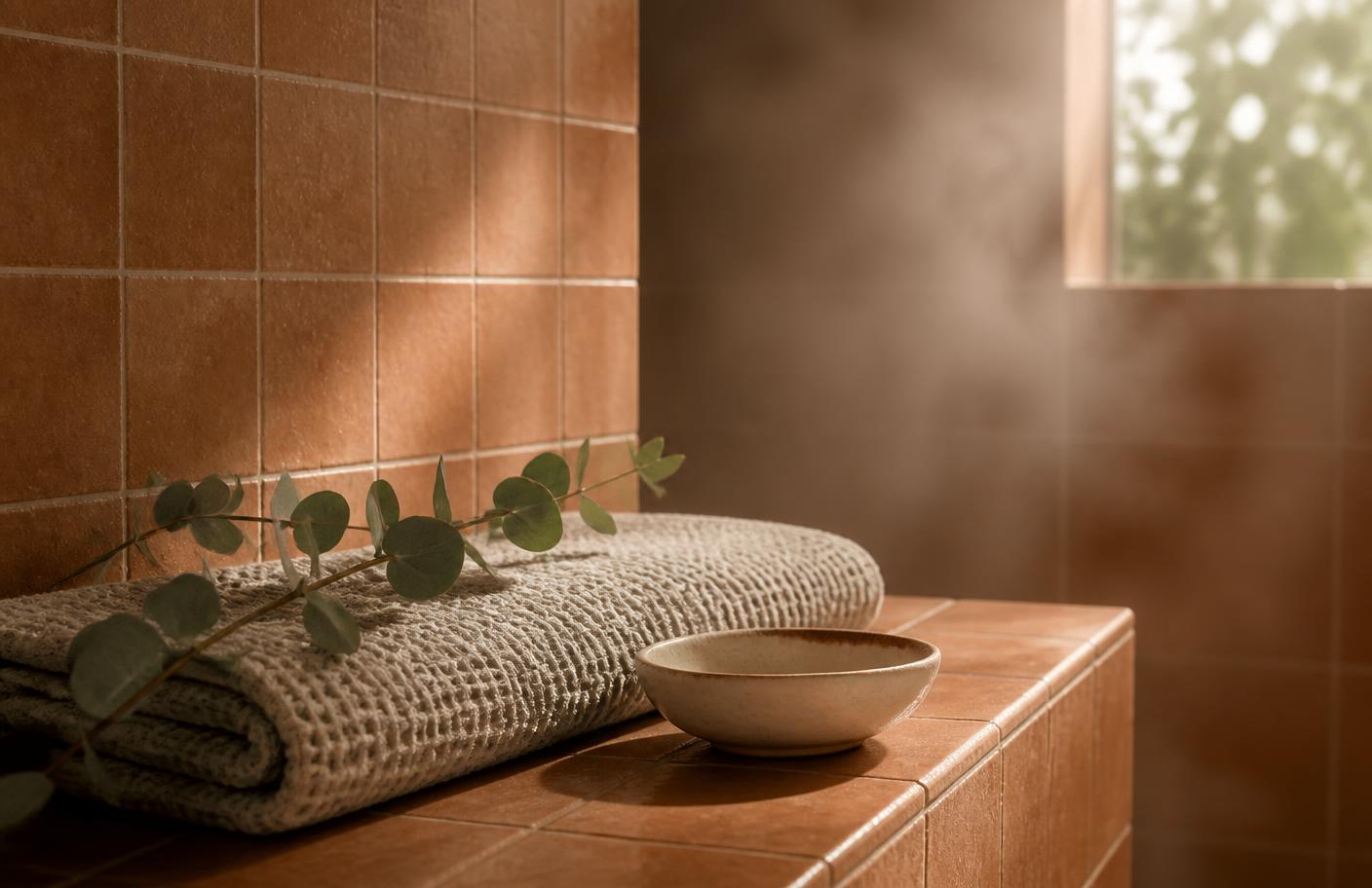 A blush razor, bowl of shave cream, konjac sponge and balm on a warm terracotta-tiled shower ledge