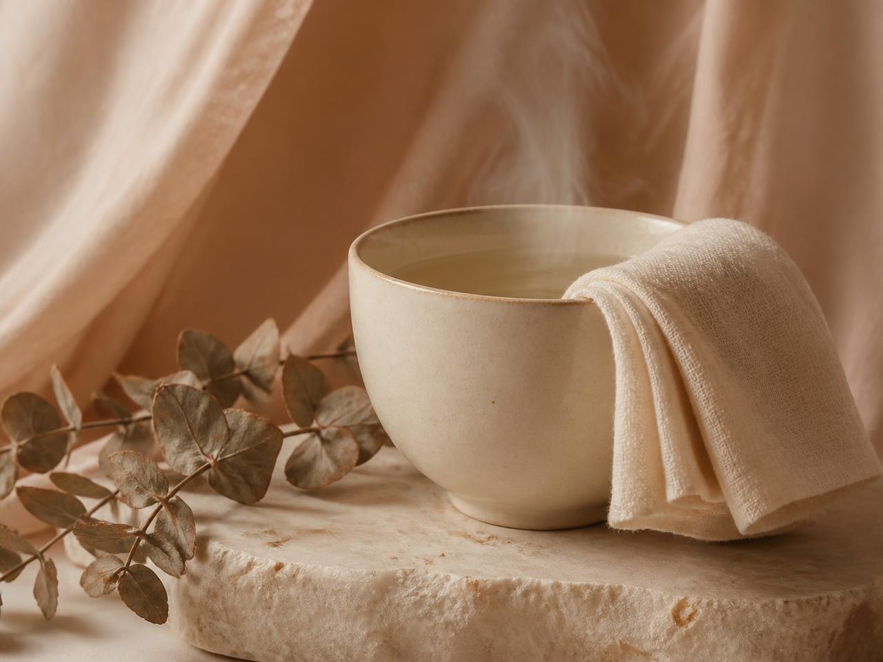 A steaming ceramic bowl with a warm muslin compress cloth draped over the rim