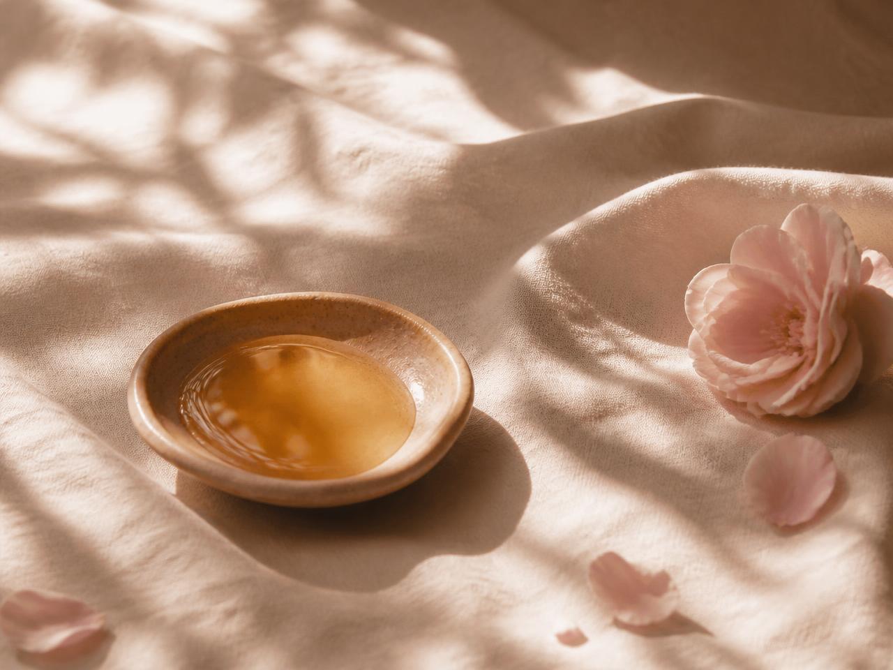 Dappled light across cream linen with a clay dish of amber body oil