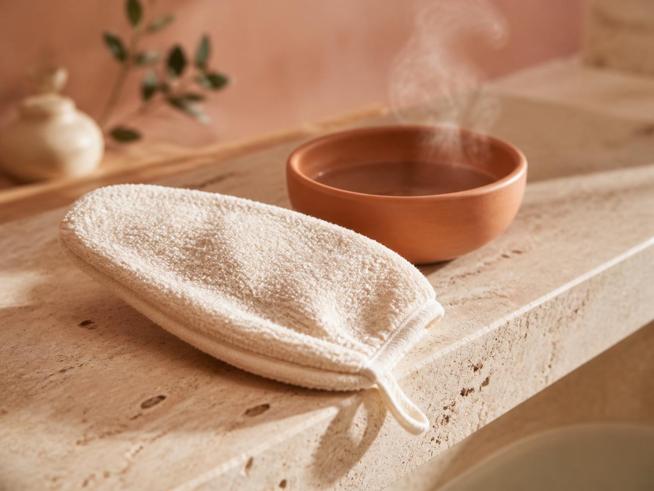 A cream exfoliating mitt and a steaming terracotta bowl on a travertine bath ledge