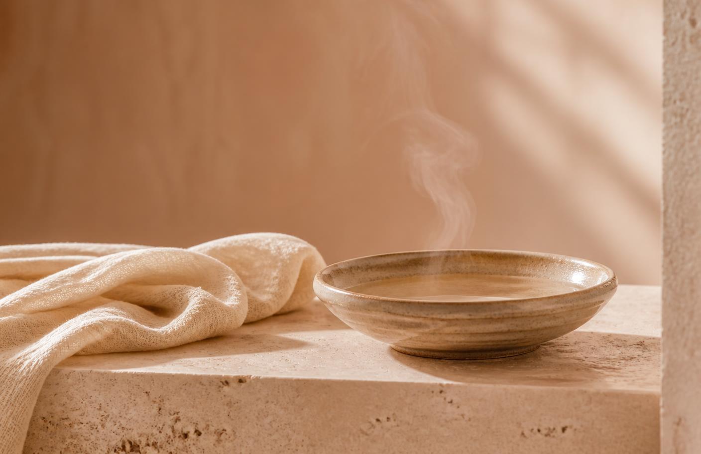 A fresh blush razor beside an open jar of unscented balm, cotton pad and steaming bowl of warm water