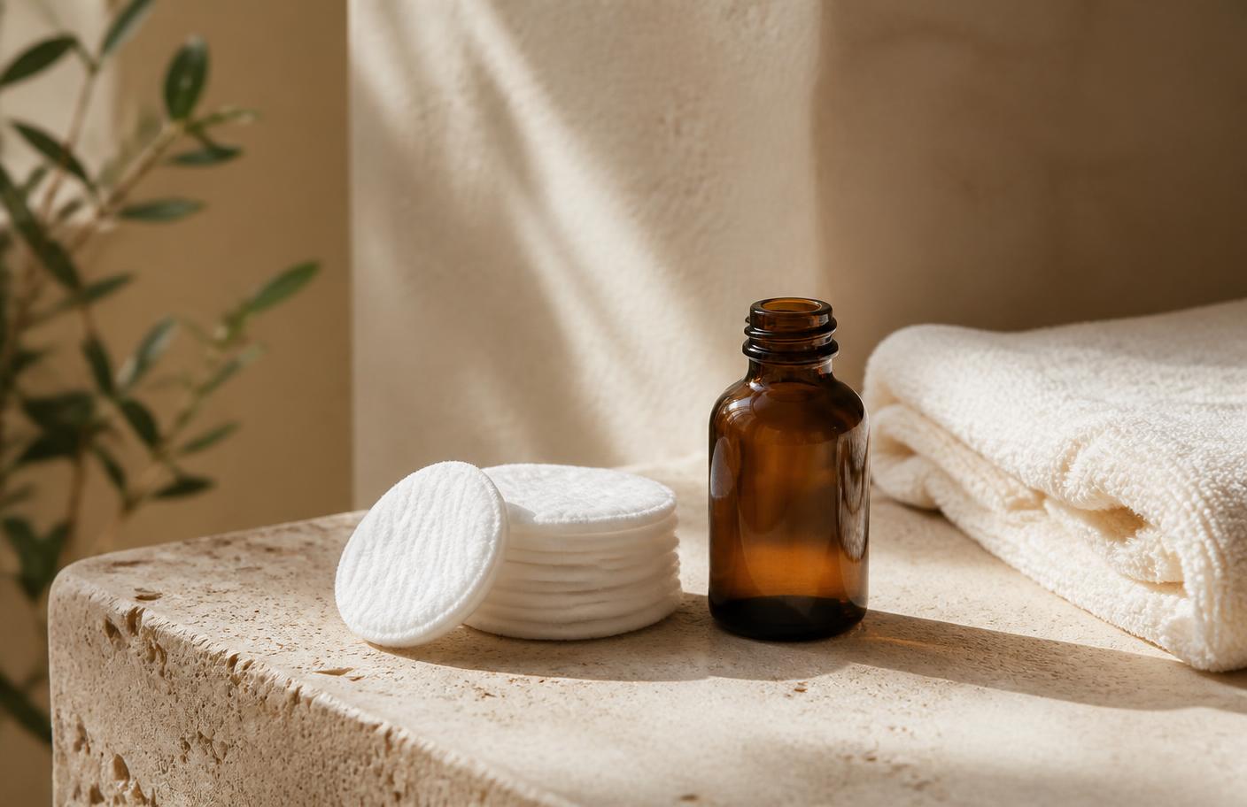 A blush razor handle and a fresh multi-blade cartridge on cream travertine beside a cotton pad and balm