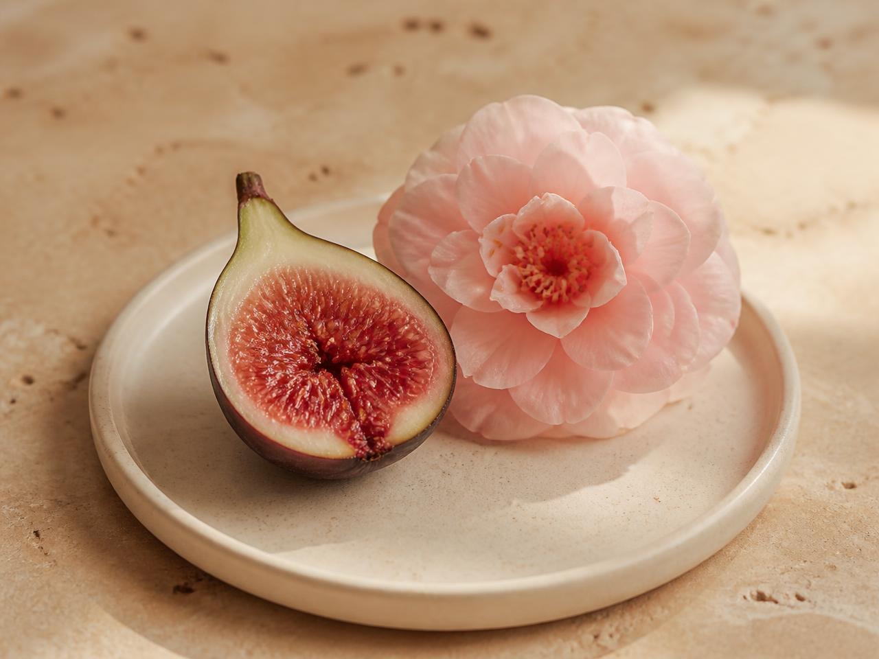 Halved fig and a soft pink camellia bloom on a cream ceramic plate in warm light