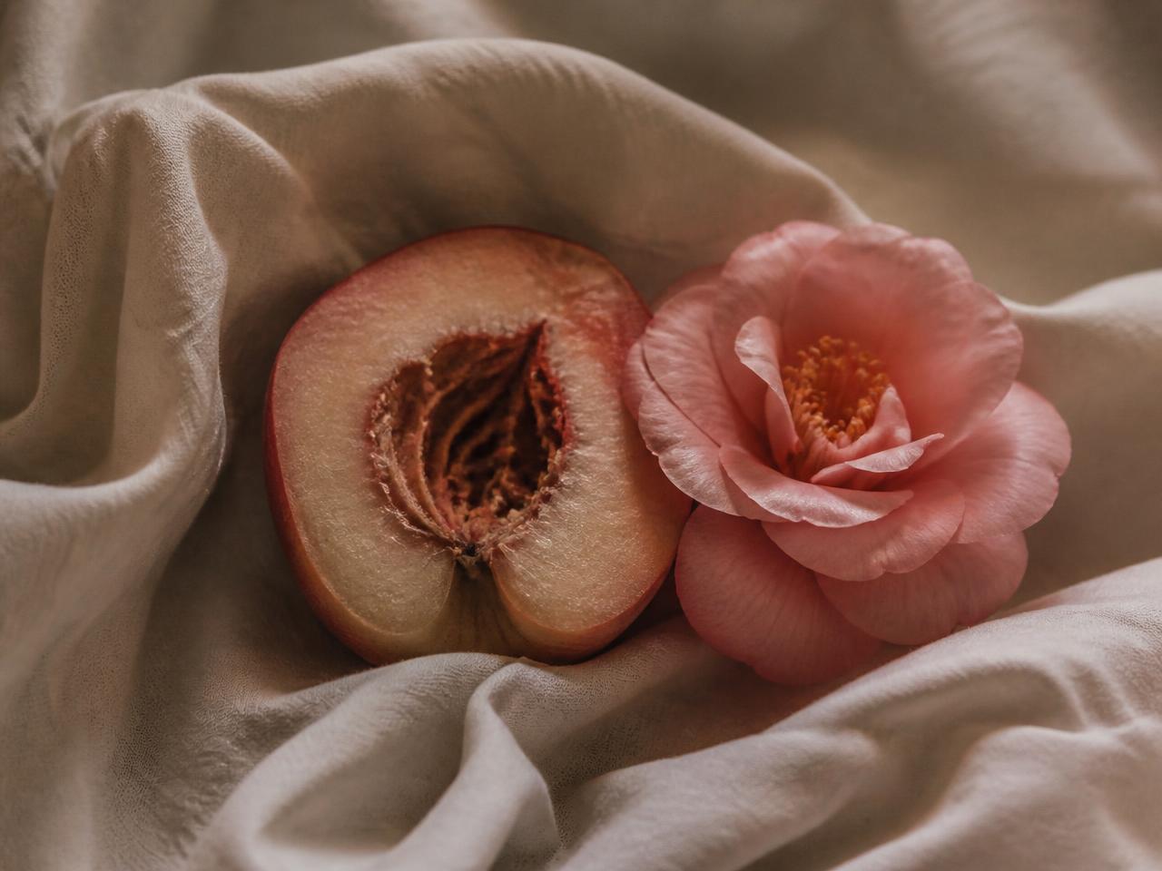 Halved figs and a blossom sprig on a cream plate in warm light