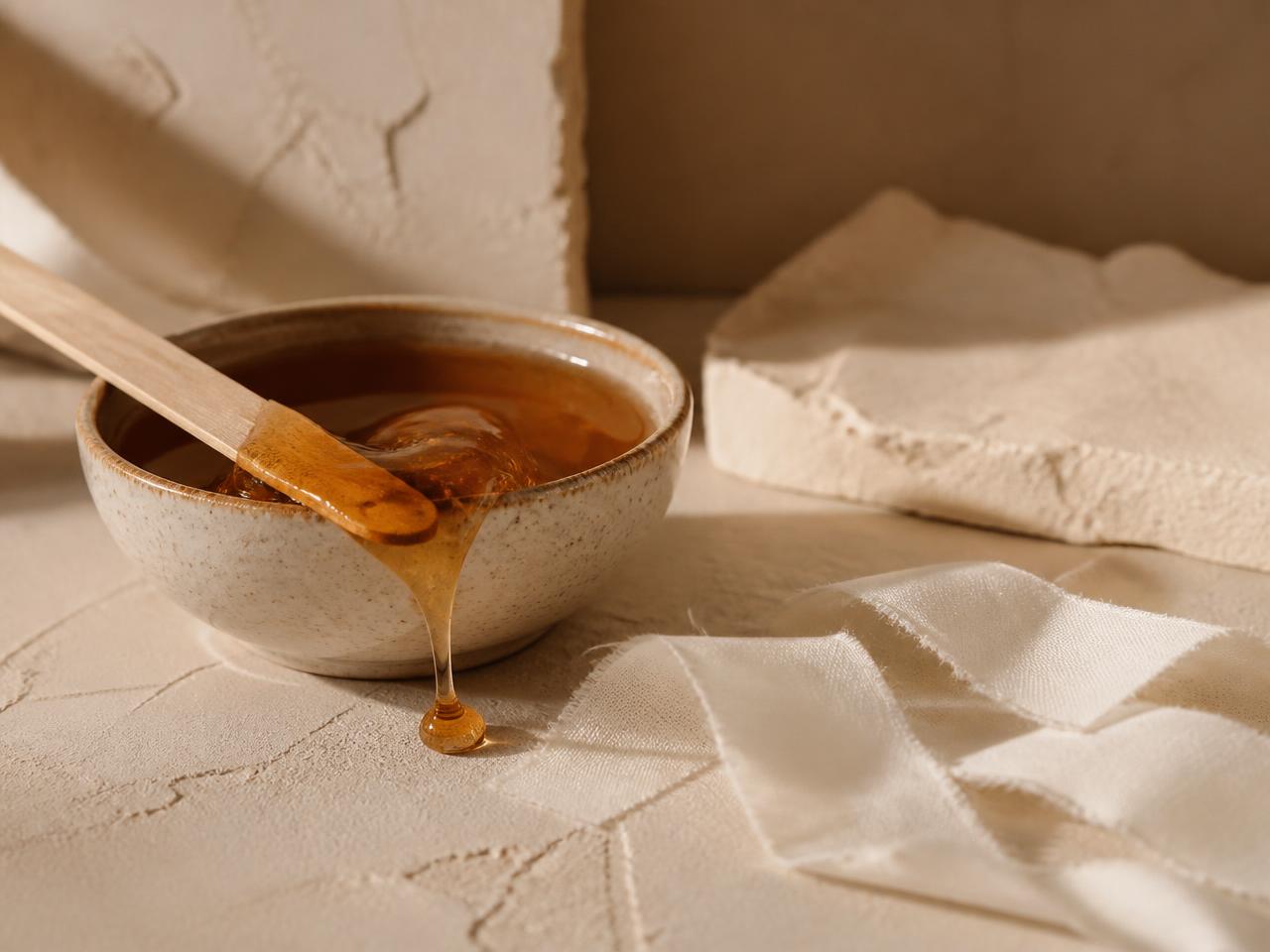 An open jar of unscented balm with a cotton pad and eucalyptus on cream stone