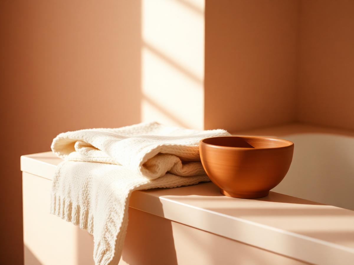 Folded cream linen towel and terracotta washcloth on a warm plaster ledge