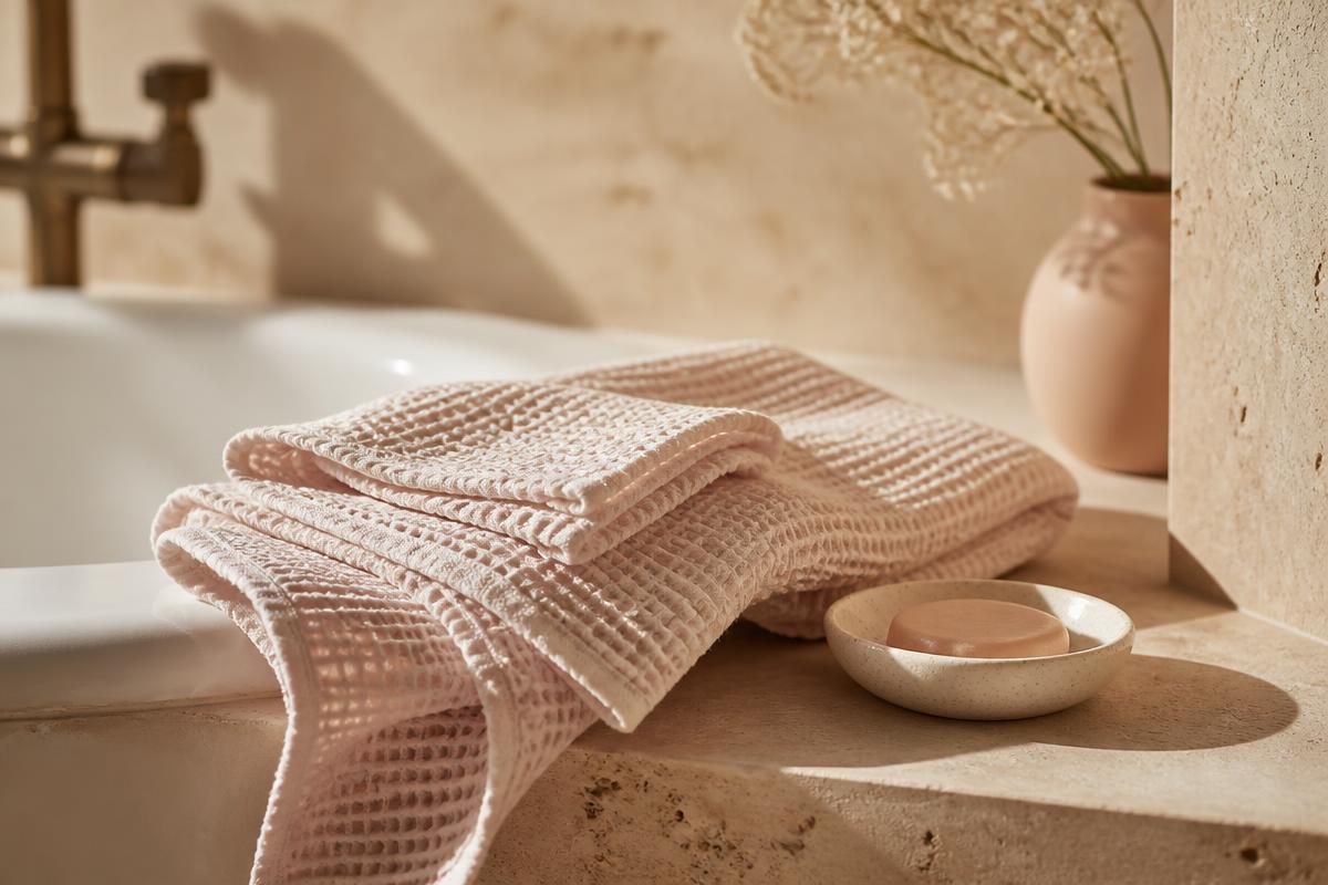 Soft cotton underwear, a waffle towel and a dish of shave cream beside a coral razor on warm plaster